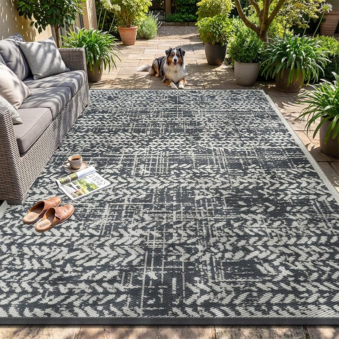 MontVoo Outdoor Rug 9x12 Waterproof-Patio Rug Mat Outdoor RV Camping Picnic Beach Mat Plastic Straw Rugs Outside Outdoor Area Rugs for Balcony Deck Backyard Grey