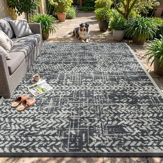 MontVoo Outdoor Rug Waterproof-Patio Rug Mat 5x8 Outdoor RV Camping Picnic Beach Mat Plastic Straw Rugs Outside Outdoor Area Rugs for Balcony Deck Backyard Grey