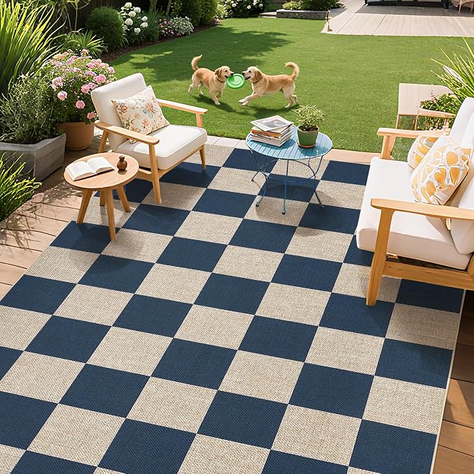 GarveeHome Checkered Easy Jute 5x7 Area Rugs for Living Room Machine Washable Non-Slip Backing Stain Resistant Modern Indoor Outdoor Rugs for Farmhouse Dining Room Patio Navy Blue