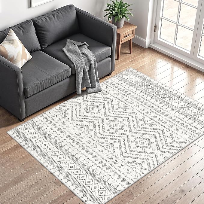 Miukiki 3x5 Washable Area Rug Moroccan Soft Non Slip Entryway Rug Grey | Machine Washable 3x5 Rug for Bedroom Kitchen Living Room, Low Pile Indoor Floor Carpet with Vintage Pattern