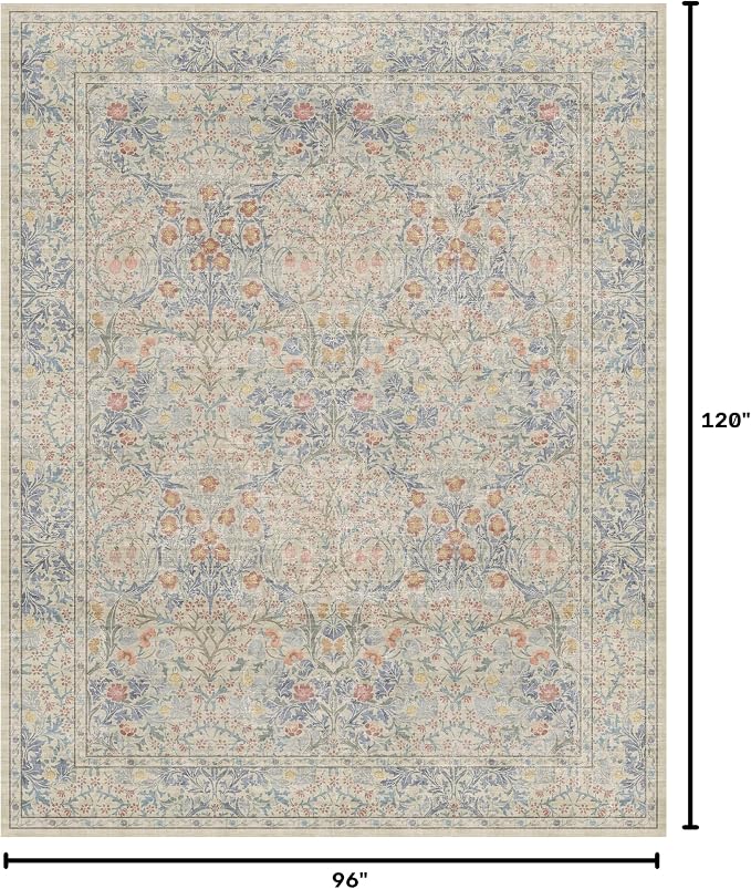 8x10 Washable Rug for Living Room - Stain Resistant Dining Room Rugs for Under Table, Soft Low Pile Large Carpet for Bedroom - Vintage Floral Non-Slip (8x10 Beige Blue)