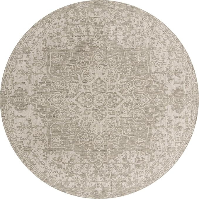 Unique Loom Outdoor Collection Area Rug - Dubai (10' 8" Round, Gray/ Ivory)