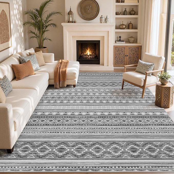 cotiled Boho 5x8 Area Rugs for Living Room: Soft Moroccan Washable Rug | Solve Modern Neutral Trendy Home Decor - Stain Resistan Indoor Carpet for Bedroom Dining Room Grey Beige