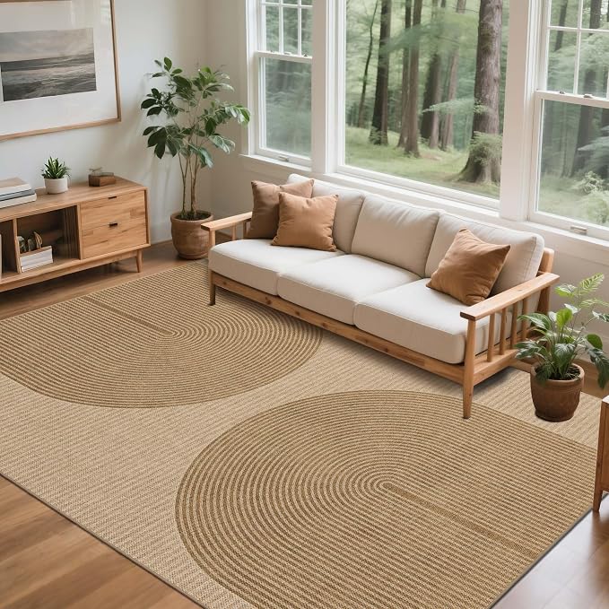 Easy Jute Rug 6x9 Outdoor: Natural Area Rugs for Patio Linen-Look Fabric Durable - Neutral Washable Carpet for Living Room Bedroom - Geometric Arch Pattern