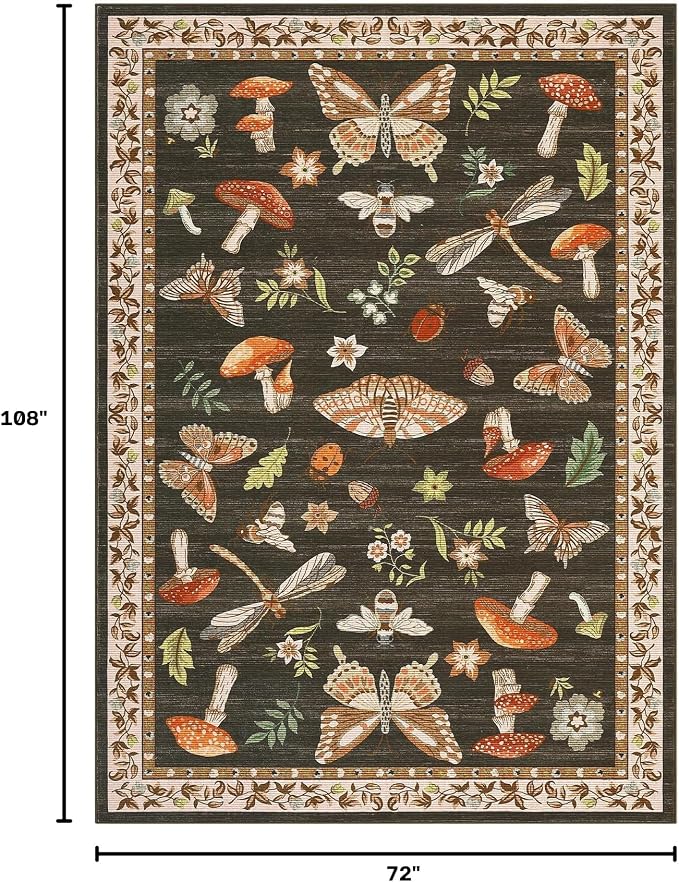 Mushroom Washable Area Rug 6x9 Rugs for Living Room Soft Low-Pile Stain Resistant Thin Carpet for Bedroom Dining Nursery Non Slip Mat with Rubber Brown
