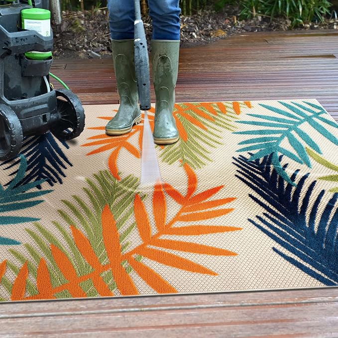 Rugshop Evora Palm Frond Non-Shedding Easy Cleaning Patio Deck Backyard Indoor/Outdoor Area Rug 4' X 6' Multi