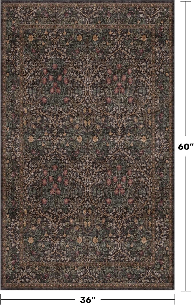 Boho Dark Brown 3x5 Large Entryway Rug - Moody Neutral Washable Low Pile Area Rugs Non-Slip for Mudroom, Door Mat Indoor Entrance, Kitchen, Laundry, Taupe Golden Accent Floral Floor Decor