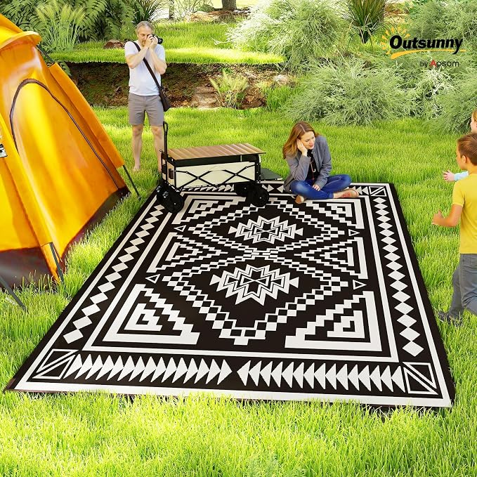 Outsunny Outdoor Rug for Patio, 9' x 18' Waterproof Large Mat, Reversible Plastic Straw Rug for Decor, Portable Outside RV Camping Area Carpet Mat for Backyard Porch Deck Picnic, Black & Gray Square
