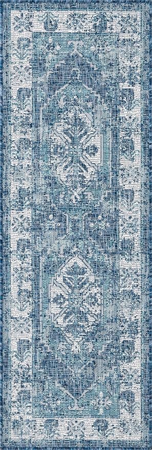 Unique Loom Outdoor Traditional Collection Area Rug - Valeria (2' x 6' 1" Runner, Blue/ Ivory)