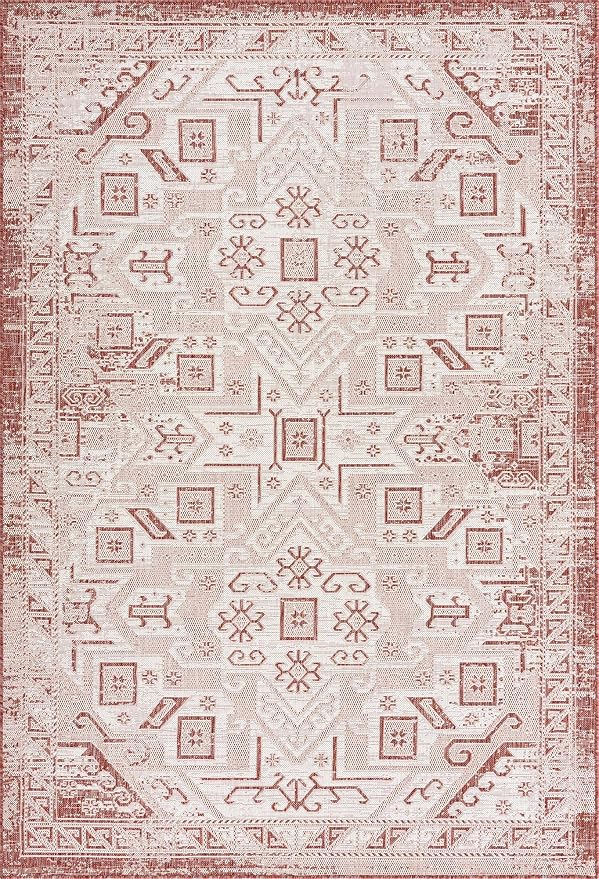 Unique Loom Outdoor Aztec Collection Area Rug - Coba (6' 1" x 9' Rectangle, Rust Red/ Ivory)