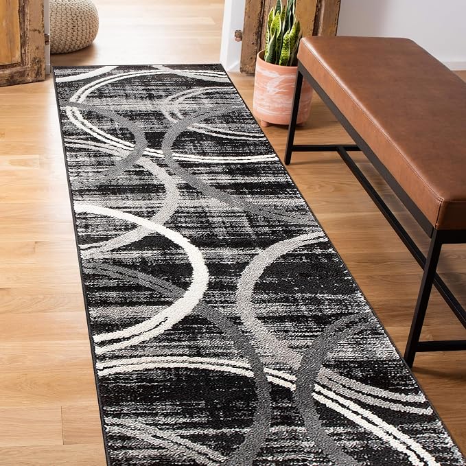 Rugshop Wavy Circles Modern Fade-Resistant Runner Rug Black 2' x 10' | Rectangular, Size 2' x 10', Living Room, Bedroom, Dining Room, Home Office, Kitchen, Entryway, Hallway, Nursery, Kids Room