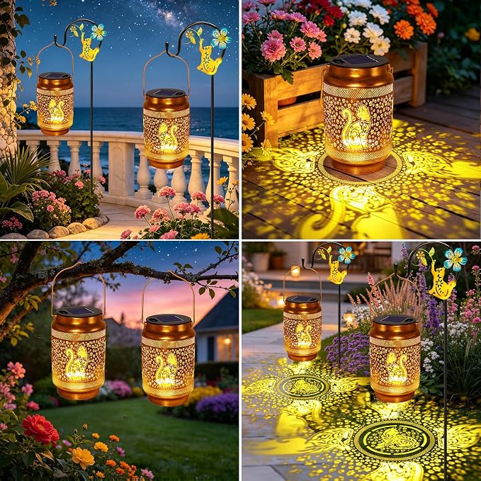 Cat Solar Lanterns Outdoor Waterproof Solar Garden Decor, Birthday Gifts for Women Mom Grandma, Metal Hanging Lights with Shepherd Hook for Outside Yard Patio Pathway Backyard Porch