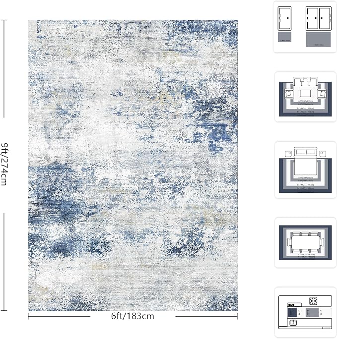 6x9 Area Rugs, Abstract Modern Ultra Soft Washable Rug, Non Slip Carpet with Rubber Back Stain Resistance Rugs for Living Room, Bedroom, Dining Room Decor(Blue & White)