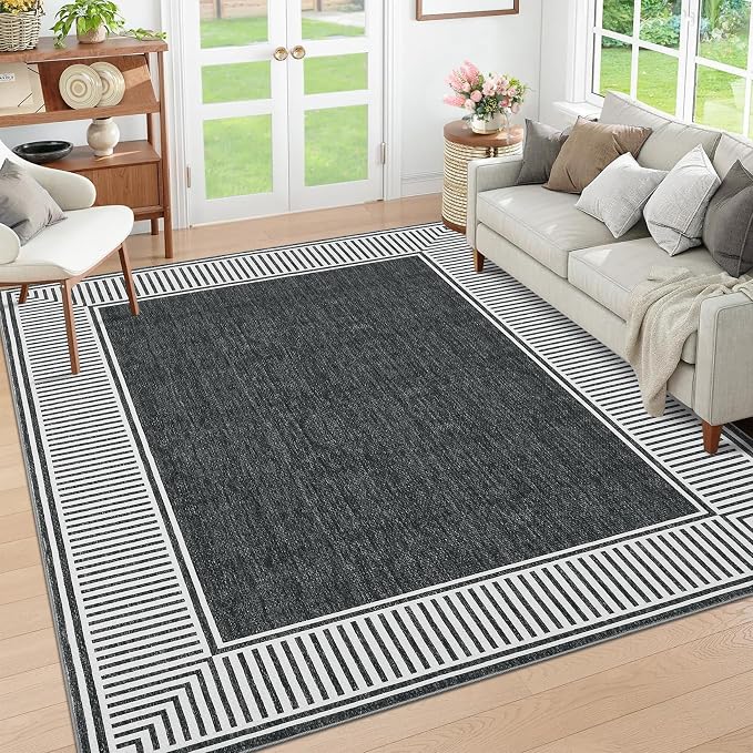 GarveeHome Bordered Rug 4x6 Washable Rug for Living Room Contemporary Rugs | Modern Striped Border Area Rug Non Slip Low Pile Dining Room Throw Carpet for Entryway Kitchen Nursery, Black