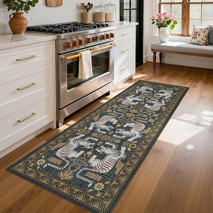 GarveeHome Tiger Print 2.5'x8' Washable Non Slip Runner Boho Hallways Rugs | Blue Kitchen Runner Ultra Thin Soft Vintage Tribal Indoor Throw Floor Carpet for Laundry Entryway Bedroom Bathroom