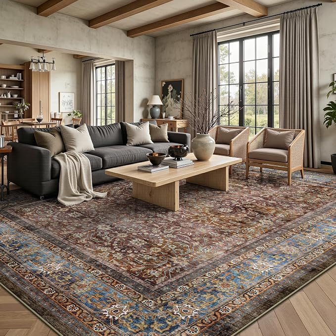 8x10 Area Rugs for Living Room - Washable Vintage Retro Large Rug, Soft Ultra Thin Non Slip Low Pile Traditional Distressed Boho Carpet for Bedroom Dining Room Home Office, Dark Red Brown