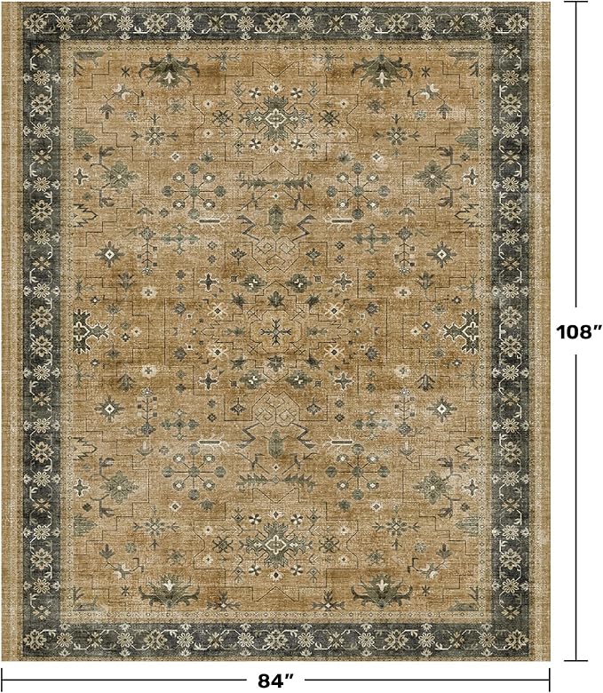 Rustic Brown and Charcoal Olive 7x9 Area Rug for Living Room, Washable Bedroom Carpet, Oriental Large Area Rug for Dining Room Under Table, Non-Slip Stain Resistant
