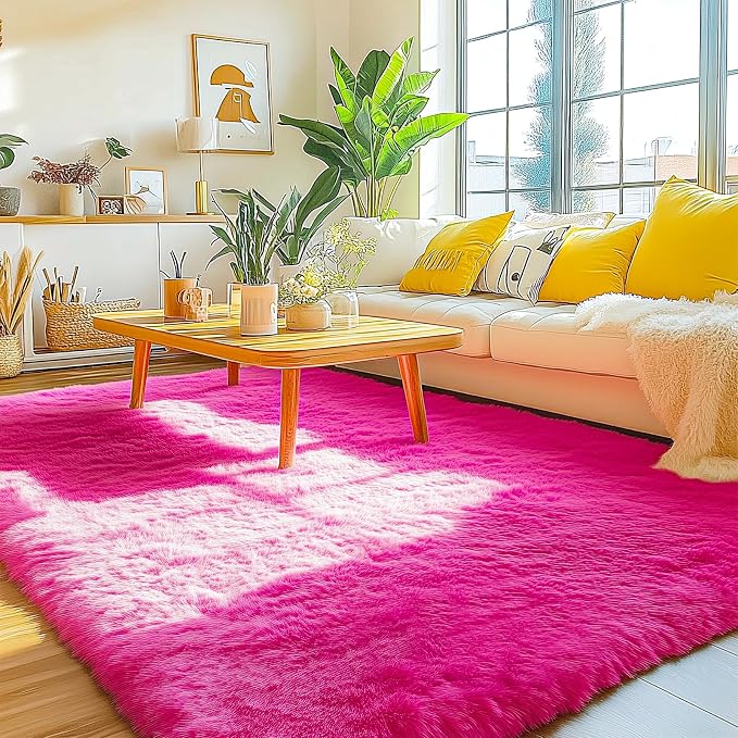 Soft Shag Rugs for Girls Bedroom, Fluffy Washable 4x6 Hot Pink | Upgrade Non-slip, 4 x 6 Shaggy Rugs for Living Room, High Pile Fuzzy Plush Carpet Kids Room Dorm, Flame Resistant