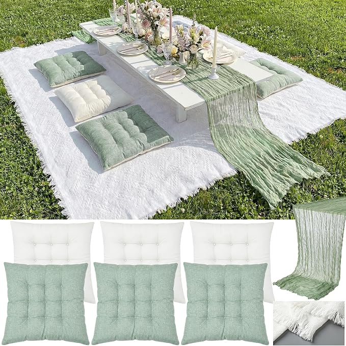 8 Pcs Fit for 6 People 91 x 71'' Extra Large Outdoor Picnic Blanket with Sage Green Table Runner and Floor Pillow Cushion Fit for 6 People Picnic Wedding Birthday Baby Shower Backyard Decor