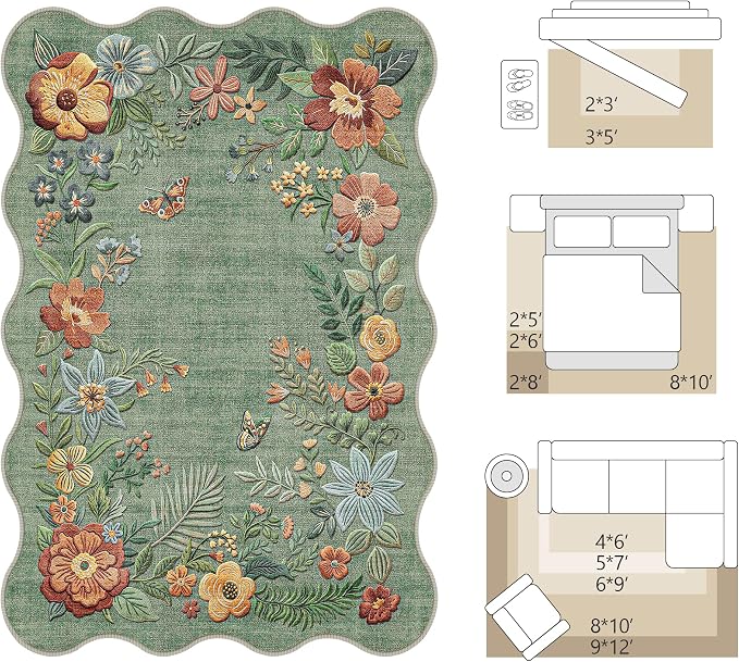FMFUNCTEX 2x6 Hallway Runner Rug Washable Sage Green Floral Scalloped Boho | Vintage Non Slip Flower Colorful Traditional Low Pile Cottage Indoor Carpet Entryway Rugs Kitchen Bedroom Laundry Bedside