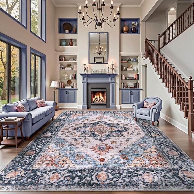 SERISSA 9x12 Washable Non Slip Boho Area Rug for Living Room，Blue Orange | Ultra Soft Vintage Oriental Carpet Low-Pile Distressed Tribal Throw Carpet for Dining Room Bedroom Dorm Office Home Decor