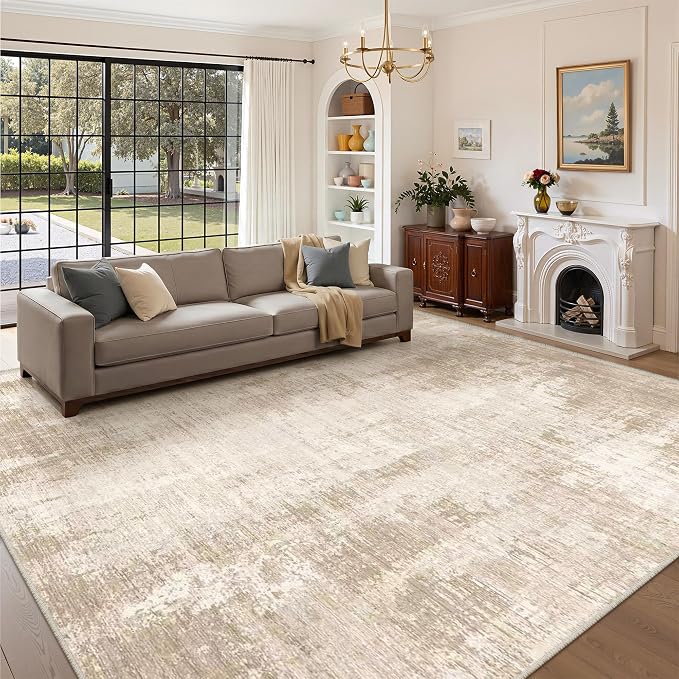 Valenrug 6x9 Area Rugs Non Slip, Large Washable Rugs for Living Room, Beige | Soft Thin & Lighweight, Folable, Stain Resistant Low Pile Non Slip Modern Distressed Carpet Rugs for Bedroom, Dining Room