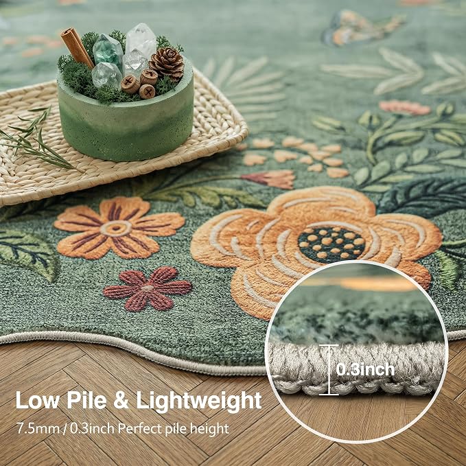 FMFUNCTEX 6ft Round Washable Sage Green Scalloped Area Rug for Living Room | Floral Rug Non Slip Vintage Flower Colorful Traditional Boho Large Soft Low Pile Cottage Circle Dining Room Bedroom Nursery