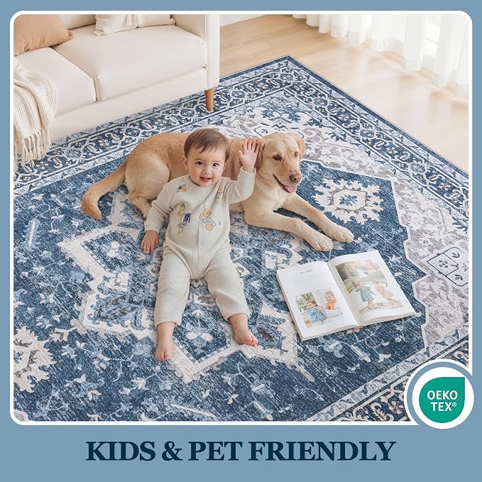 5x7 Washable Area Rugs for Bedroom Blue Non-Slip Rug | Vintage Medallion Rug，Soft Low Pile Large Rugs，Indoor Retro Carpet for Bedroom Nursery Dining Table Farmhouse Home Office
