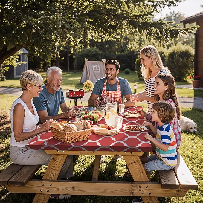 Fitted Waterproof Picnic Table Cover with Bench Covers Elastic Heat Resistant Outdoor Camping Tablecloth for 8 Foot Dinning Rectangle Tables Summer Rv Patio Garden Road Trip Essential Gift