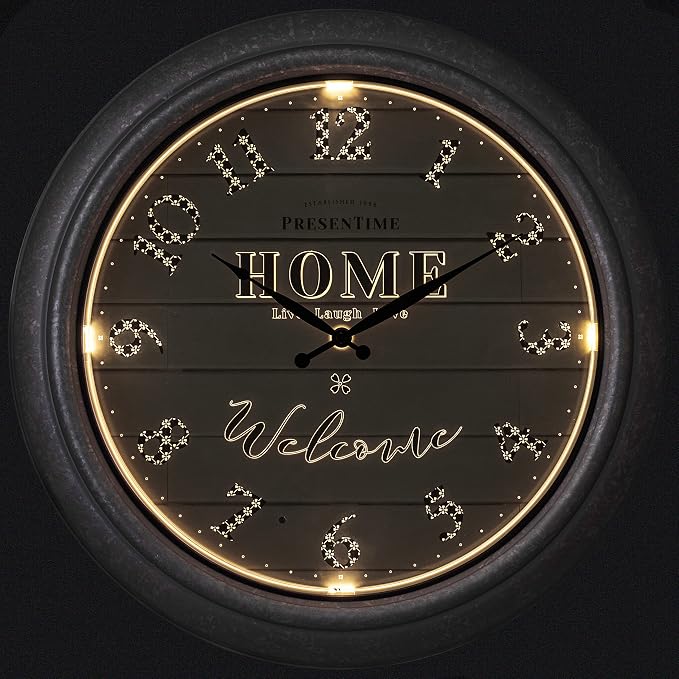 Presentime & Co 18" Vienna Modern Farmhouse Luminous Indoor/Outdoor Clock, Shiplap Style, Galvanized Silver Finish, Night Light with Smart Sensor, Wall Decoration, Outdoor Lights & Decoration.