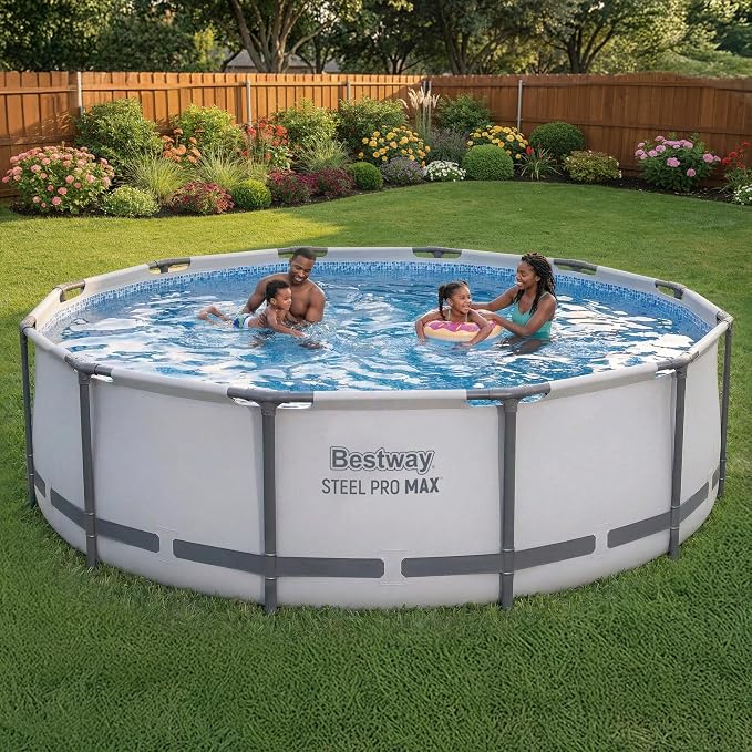 Bestway Steel Pro MAX 14' x 42" Above Ground Swimming Pool Set with Pump | Durable Round Metal Frame Outdoor Backyard Pool, Puncture-Resistant Liner - Ladder and Cover Included, Gray