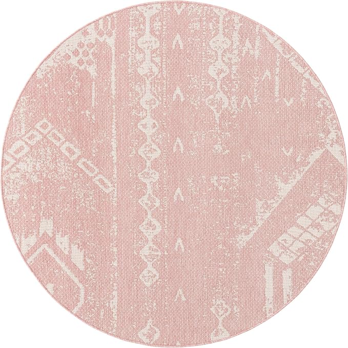 Unique Loom Outdoor Bohemian Collection Area Rug - Anthro (6' 1" Round, Pink/ Ivory)