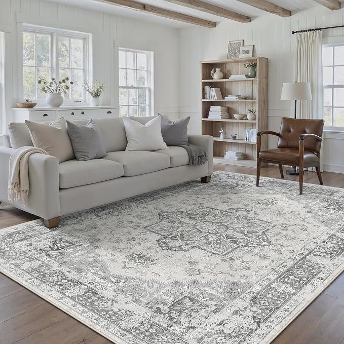 Gray 5x7 Washable Area Rug Living Room Vintage Oriental Carpet | Soft Low Pile, Non Slip, Stain Resistant, Floral Medallion, Retro Indoor Decor for Bedroom, Dining Room, Kids Room, Office