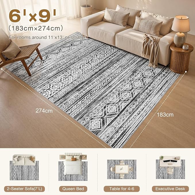 cotiled 6x9 Area Rugs for Living Room: Boho Washable Rug for Dining Room | Solve Modern Neutral Trendy Home Decor - Stain Resistan Indoor Soft Carpet for Bedroom Nursery White Black
