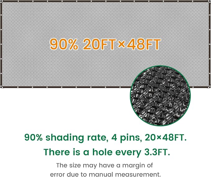 90% 20 X 48 FT Black Shade Cloth, Outdoor Woven Sun Shade with Grommets, Durable Breathable Netting Shading Antifreezing for Patio, Garden, DIY Home, Plants Cover, Greenhouse, Dog Kennel
