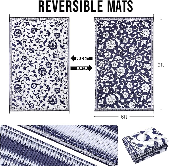 OLANLY Waterproof Outdoor Rug 6x9 ft, Outdoor Plastic Straw Rug with Flower Pattern, Reversible RV Mat for Patio, Camping, Balcony, Deck, Backyard, Navy & White