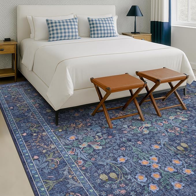 Vintage Dark Blue Living Room Rug, 7x10 Washable Large Area Rugs for Bedroom, Dining Room Rugs Under Kitchen Table, Oriental Navy Blue Low Pile Stain Resistant Non-Slip