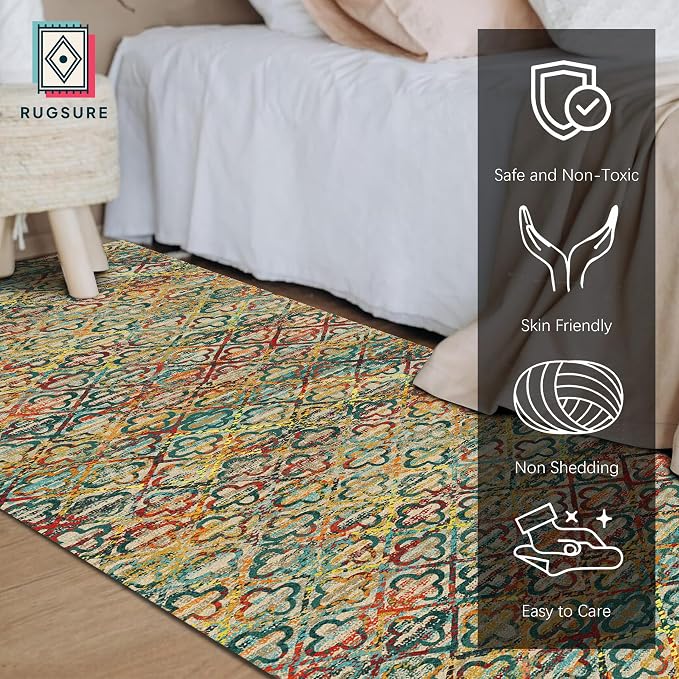 Washable Area Rugs, 2'6'' x 8' - 1/6 Thick - Stain & Water Resistant Non-Slip - Perfect Resistant Rug for Living Room, Bedroom, Nursery, Pet & Child Friendly, Vibrant Colors Rugs, Multicolor