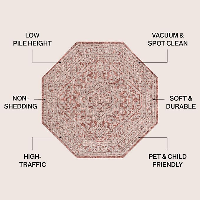 JONATHAN Y Medallion Weave Indoor Outdoor Octagon Area Rug 5 Ft Red/Taupe, Sinjuri Textured for Backyard, Patio, Porch, Easy-Cleaning, High Traffic, Pet-Friendly, Non-Shedding (SMB101A-5TGN)