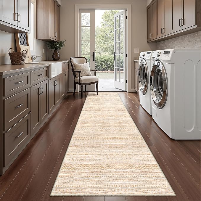 Miukiki 2x10 Runner Rug for Living Room Washable Non Slip Hallway Rug Beige | Soft Low Pile Machine Washable Long Floor Runner rugs for Kitchen Entryway Laundry Room, Foldable Indoor Carpet 2'x10'
