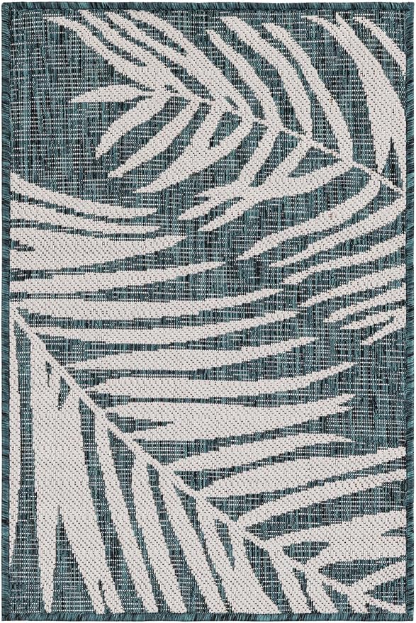 Unique Loom Outdoor Botanical Collection Area Rug - Palm (2' x 3' Rectangle Teal/Ivory)