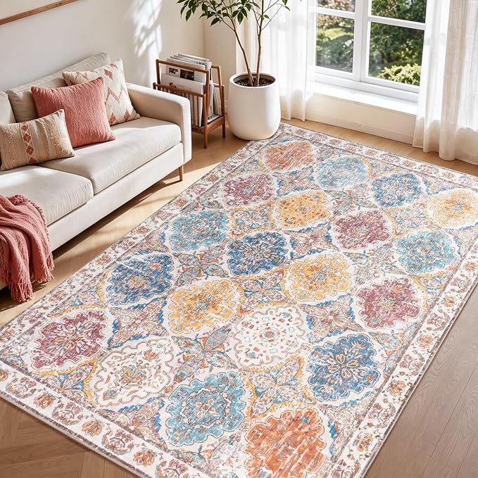 Moroccan Boho Floral Geometric Patchwork Washable 5x8 Large Area Rug | Vintage Distressed Non Slip Throw Carpet for Bedroom Livingroom Kitchen Hallway Entryway Office Dining Room Docer, Colorful