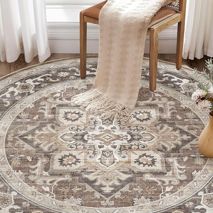 Round Washable Area Rug 8ft, Boho Vintage Distressed Oriental Medallion, Neutral Blue, Thin Carpet for Living Room Bedroom Home Office Decor -Dark Brown