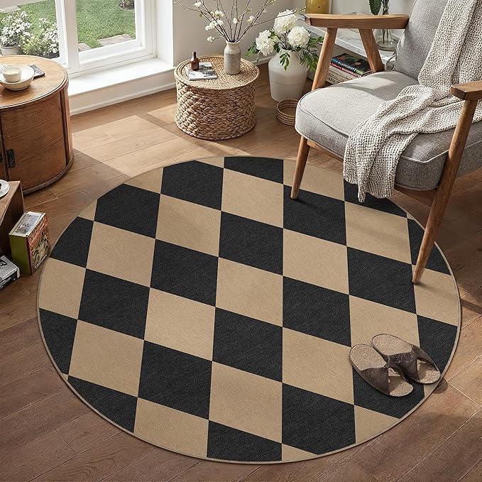 PureCozy Checkered 4 ft Easy Jute Round Rug, Washable Small Rugs for Entryway Patio, Farmhouse Non Slip Non Shedding Indoor Outdoor Circle Carpet for Kitchen Porch