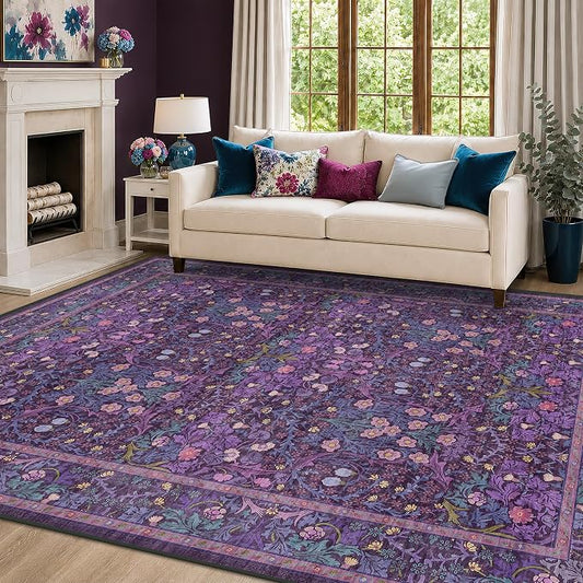 Dark Purple Living Room Rug 8x10, Vintage Violet Floral Area Rugs for Bedroom, Washable Dining Room Under Kitchen Table, Oriental Low Pile Stain Resistant Large Plum Indoor Decor