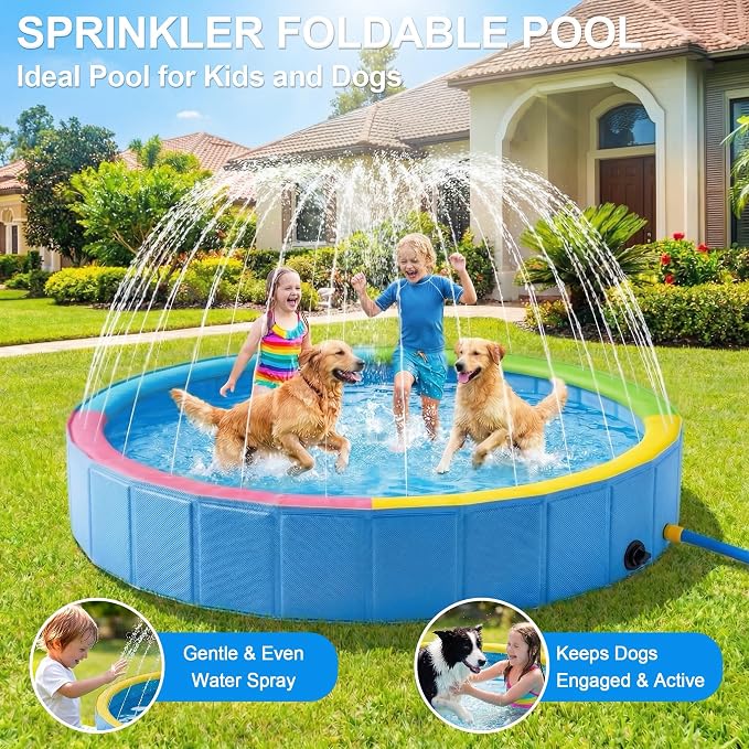 Foldable Dog Pool with Sprinkler, Ideal Splash Pool Swimming Pools | Large 48” Dog Pool, Splash Pad, Hard Plastic, Non Slip, Portable Dog Swimming Pool for Outdoor Backyard