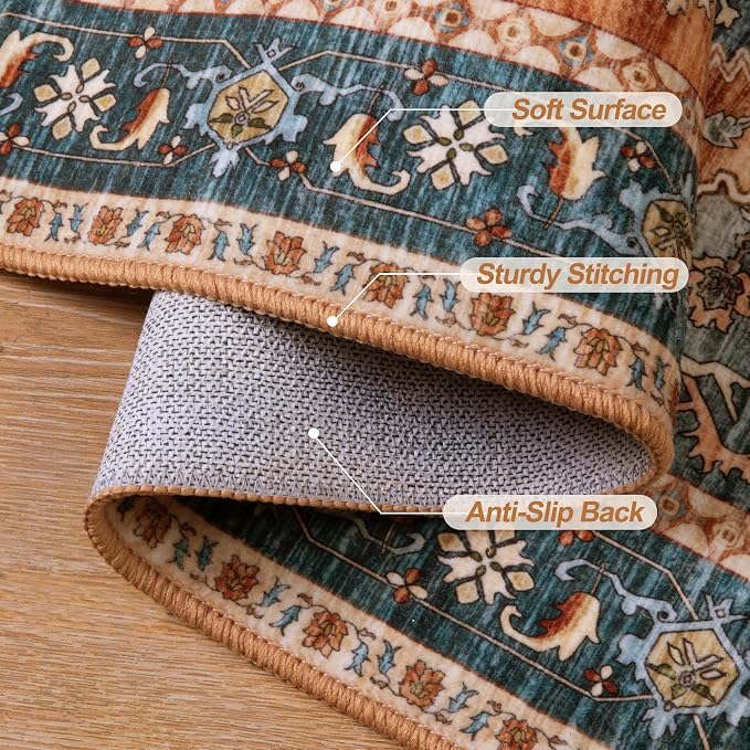 Tangsoo Vintage 2x6 Washable Runner Rugs for Hallways, Non Slip Rug Runner | Oriental Soft Low Pile Long Rug, Boho Carpet Runners for Kitchen Bedroom Entryway Bathroom Living Room Home Decor Orange/Blue