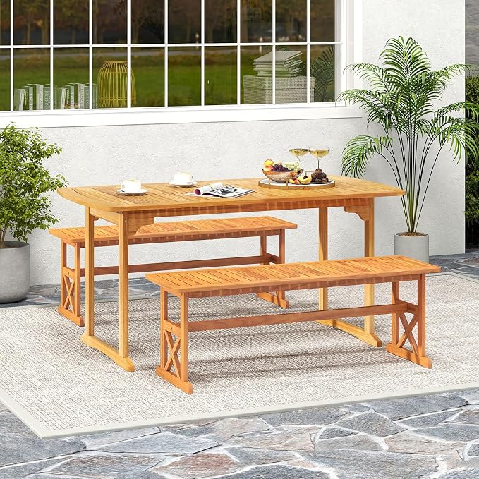 HAPPYGRILL Acacia Wood Outdoor Bench for 2-3 People, Patio Bench with Slatted Seat & X-Shaped Frame, for Porch Garden Backyard and Park (2)