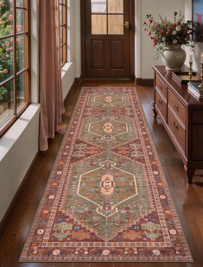 Ciicool Long Washable Runners Area Rug for Hallways,Ultra Soft 2x8ft Carpet | Oriental Non-Slip Thin Indoor Terracotta/Green Entry Rugs for Kitchen Entryway Bedroom Bedside Living Room Laundry Decor