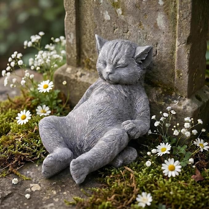 Cat Garden Statue Outdoor Decor, Pet Memorial Stone，Sleeping Cat Statue， Resin Cat Figurine Garden Sculpture Patio Decor,Headstones for Cats or Thoughtful Sympathy Gift,9.8" L x 5.9" W x 6.7" H